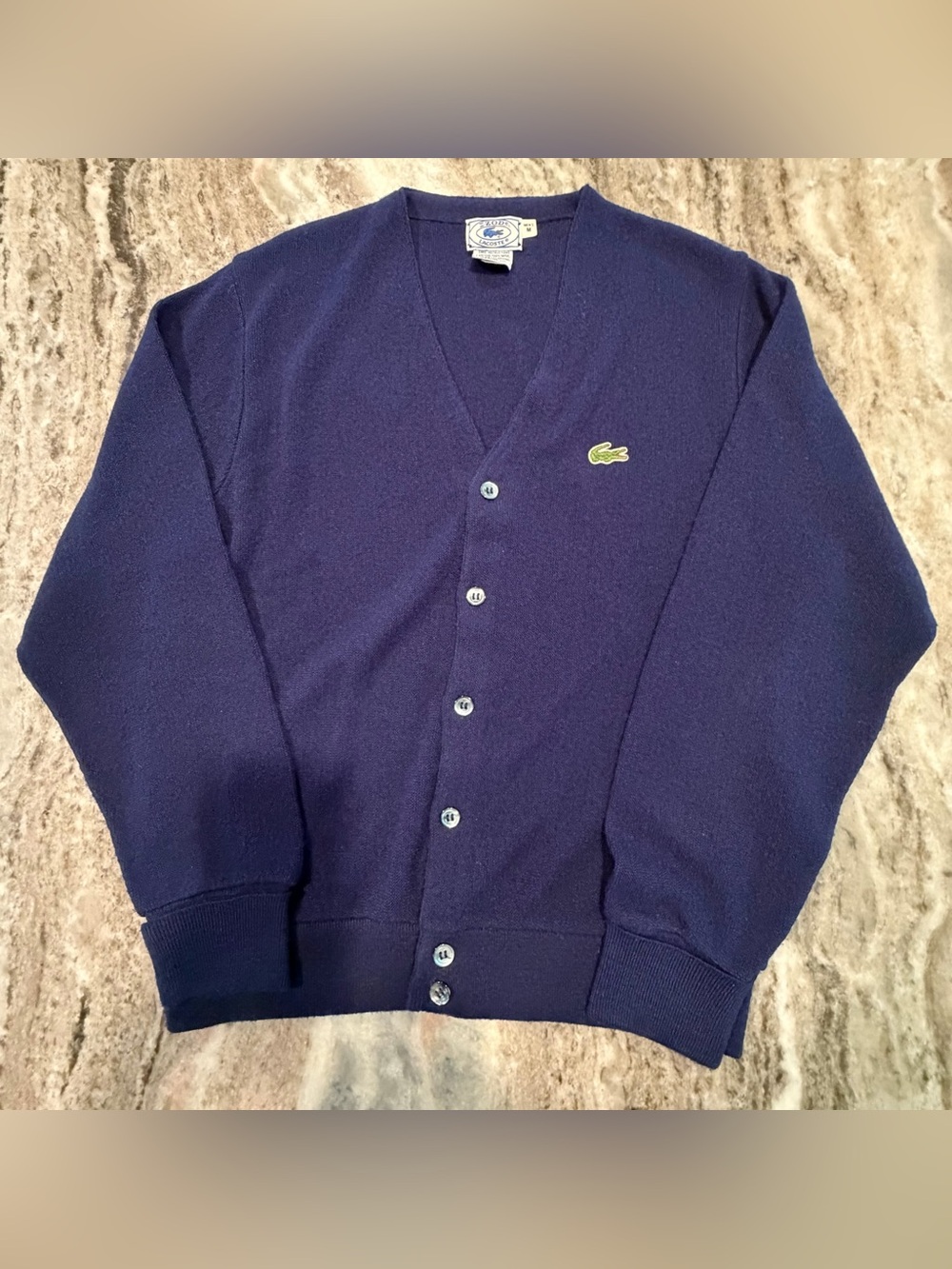 Vintage IZOD LACOSTE Button Front Knit Cardigan Sweater 70s 80s Dark Blue M